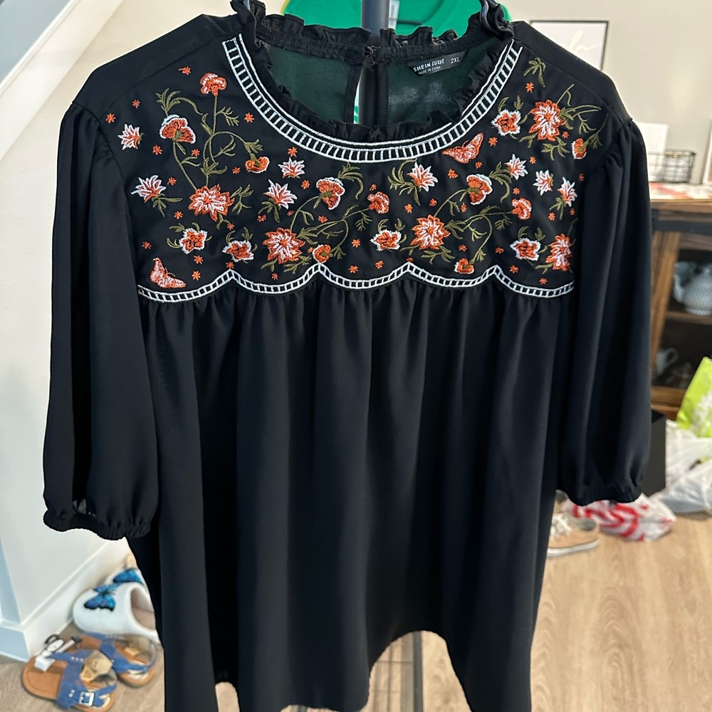SHEIN Black Embroidered Blouse